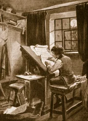 Johann Sebastian Bach copiando música a la luz de la luna