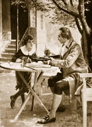 Johann Wolfgang von Goethe instruyendo a su hijo, August, cómo disparar con una ballesta