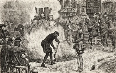 John Bland, John Frankesh, Nicholas Sheterden y Humphrey Middleton quemados vivos por herejía en el siglo XVI, c.1865 (grabado en madera)
