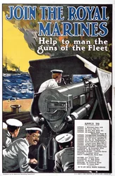 Únete a los Marines Reales - Ayuda a manejar los cañones de la Flota, cartel de reclutamiento de la Primera Guerra Mundial