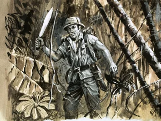 Explorador de la jungla abriéndose paso