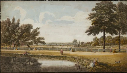 Jardines de Kensington, c.1740-60 (grabado coloreado a mano)
