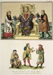 Rey Enrique VIII (1491-1547) del frontispicio de la Gran Biblia, se dice que fue diseñado por Hans Holbein (1497-1543), ilustración de The Complete View of the Dress and Habits of the People of England