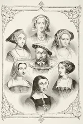 El rey Enrique VIII de Inglaterra y sus seis esposas, de «The National and Domestic History of England» de William Hickman Smith Aubrey (1858-1916), publicado en Londres hacia 1890