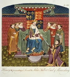 El rey Enrique VI (1421-71) presentando una espada a John Talbot (c.1388-1453) Conde de Shrewsbury, ilustración de The Complete View of the Dress and Habits of the People of England Volume II, publicado 17