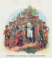 Armando a un escudero en el campo de batalla