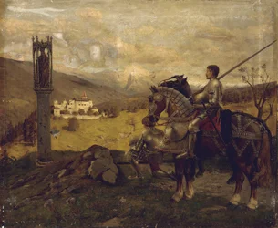 Caballeros ante un santuario en el camino