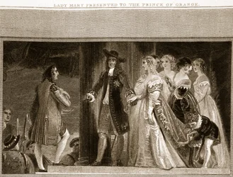 Lady Mary presentada al Príncipe de Orange, ilustración de La Historia de Inglaterra de David Hume, pub. por R. Bowyer, Londres, 1812