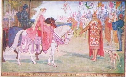 Lancelot lleva a Guenevere ante Arturo, ilustración de "The Book of Romance" publicado por Longmans Green and Co.