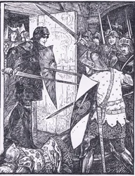Lancelot sale de la habitación de Guenevere, ilustración de "The Book of Romance" publicado por Longmans Green and Co.