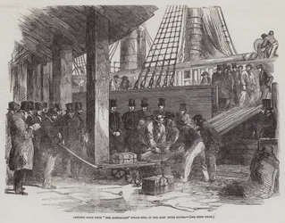 Descargando Oro del Barco de Vapor "El Australiano," en los Muelles de la India Oriental (grabado)
