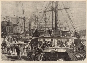 Descargando naranjas en Fresh Wharf, Puente de Londres, para Navidad