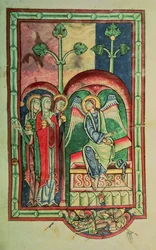 Lansdowne 383 f.13 Las mujeres en el sepulcro, del salterio de Shaftesbury, West Country, c.1130-40 (vitela)