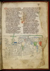 Lansdowne 782 f.27r Una batalla entre caballeros montados, de 
