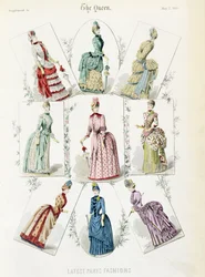 Últimas Modas de París, nueve vestidos de día en una lámina de moda de un suplemento de The Queen, mayo 1885