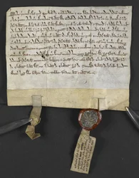 Escritura latina con renuncia hebrea (adjunta al sello), de Jacob ben Aaron cediendo un terreno a William le Briel. Inglaterra