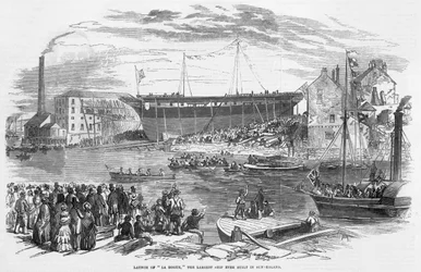 Lanzamiento de "La Hogue," el barco más grande jamás construido en Sunderland