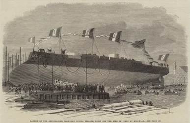 Lanzamiento del Affondatore, Fragata Acorazada de Cúpula, construida para el Rey de Italia en Millwall, 1865