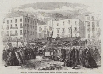 Colocación de la primera piedra de la Iglesia de Cristo, la primera iglesia protestante en Nápoles (grabado)