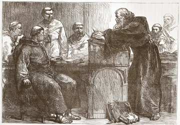 Lefevre dando una conferencia en la Sorbona, ilustración de La Historia del Protestantismo de James Aitken Wylie, pub. 1878