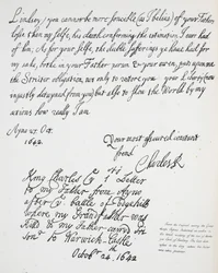 Carta de Carlos II a Montague, Conde de Lindsey, 27 de octubre de 1642