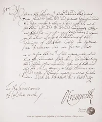 Carta al Gobernador del Castillo de Calshott de Oliver Cromwell, 1651, facsímil del original en posesión de Sir James Fellowes, Adbury House
