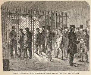 Liberación de prisioneros de la Casa de Corrección de Coldbath Fields, ilustración de Las prisiones criminales de Londres y escenas de la vida en prisión de Henry Mayhew y John Binny, pub. 1862