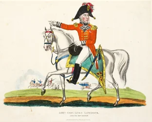 Teniente General Lord Linedock, ilustración de Un Relato Histórico de la Batalla de Waterloo por William Mudford, 1816