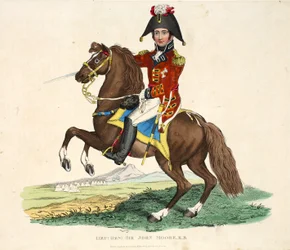 Teniente general Sir John Moore KB, publicado por Richard Evans, grabado por Romney, ilustración de Relato histórico de la batalla de Waterloo de William Mudford, 1816