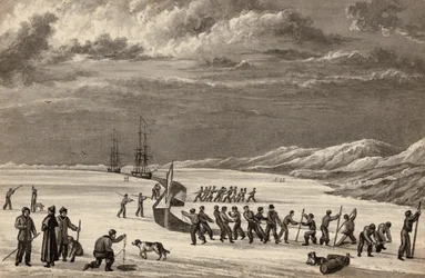 Primer viaje del Teniente William Parry: Las tripulaciones del H.M.S. Hecla y H.M.S. Griper cortando en Winter Harbour, c.1819