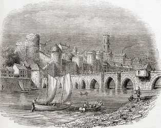 Limerick, Condado de Limerick, Irlanda, mostrando el Castillo del Rey Juan en el río Shannon y el Puente Thomand, de Old England: A Pictorial Museum, pub. 1847