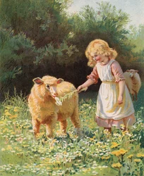 Niña alimentando una flor a una oveja en un prado (chromolitho)