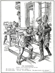 Lloyd George y Bonar Law en el Club de Golf de la Coalición, temerosos de la Liga Anti-Desperdicio, tienen que prescindir del lujo de los caddies. Diciembre de 1920