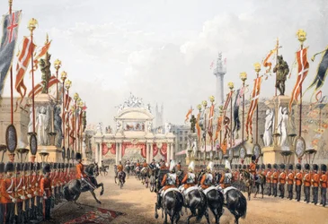 Puente de Londres, custodiado por la Honorable Compañía de Artillería de Londres, de A Memorial of the Marriage of Edward VII and Alexandra of Denmark, pub. 1864