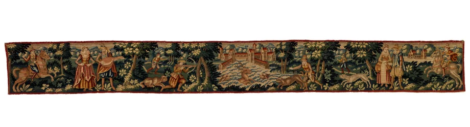 Larga tira de tapiz que representa figuras cabalgando, paseando y cazando, c.1600 (lana)