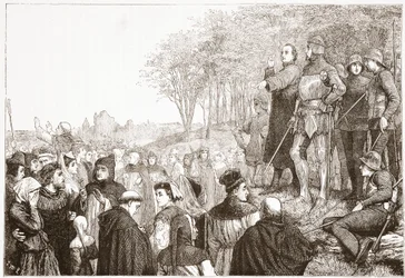 Lord Cobham en una predicación Lollard, ilustración de La Historia del Protestantismo de James Aitken Wylie, pub. 1878