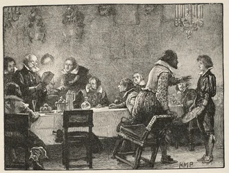 Lord Monteagle y la carta de advertencia sobre la Conspiración de la Pólvora, ilustración de la Historia Ilustrada de Inglaterra de Cassell