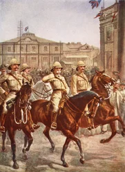 Lord Roberts entra en la ciudad de Kimberley tras el exitoso alivio de un asedio bóer de cuatro meses, ilustración de la Historia de la Nación Británica de Hutchinson, c.1920