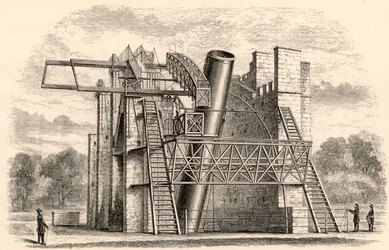 El gran telescopio reflector de Lord Rosse, de A Handbook of Descriptive Astronomy por George F. Chambers, publicado en Oxford, 1890