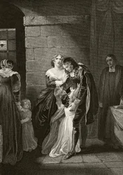 Lord William Russell despidiéndose de su familia antes de su ejecución el 21 de julio de 1683, de "The National and Domestic History of England" de William Hickman Smith Aubrey (1858-1916) publicado en Londres, hacia 1890 (litografía).