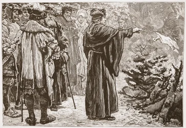 Lutero quemando la Bula del Papa, ilustración de La Historia del Protestantismo de James Aitken Wylie, pub. 1878