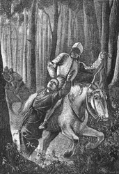 Lutero atacado por jinetes enmascarados en el Bosque de Turingia, ilustración de La Historia del Protestantismo de James Aitken Wylie, pub. 1878