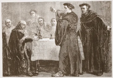 Lutero desafiando a Carlstadt a escribir contra él, ilustración de La Historia del Protestantismo de James Aitken Wylie, pub. 1878