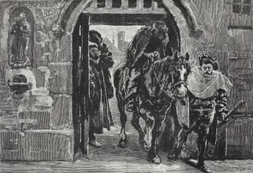 Lutero escapando de Augsburgo, ilustración de La Historia del Protestantismo de James Aitken Wylie, pub. 1878
