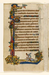 Un conejo montando un sabueso, caza, decoración marginal del Salterio de Macclesfield, Uso de Sarum, East Anglia, c.1330