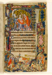 La unción de David y trompetistas, inicial historiada del Salterio de Macclesfield, Uso de Sarum, East Anglia, c.1330