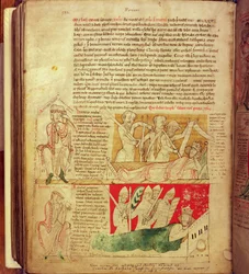 MS CCC 157 p.382 Las visiones soñadas por el rey Enrique I en Normandía en 1130, de la Crónica de Worcester, c.1130-40 (vitela)