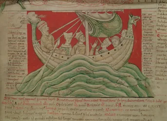 MS CCC 157 p.383 Las visiones soñadas por el rey Enrique I en Normandía en 1130, de la Crónica de Worcester, c.1130-40 (vitela) (detalle de 95507)