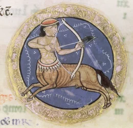 MS Hunter 229 f.6r Sagitario, del Salterio Hunteriano, c.1170 (pluma y temple sobre vitela) (detalle)