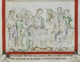 MS Royal 2 BVII, f.43 Reunión de Sansón y Dalila en una fiesta filistea, detalle de 
